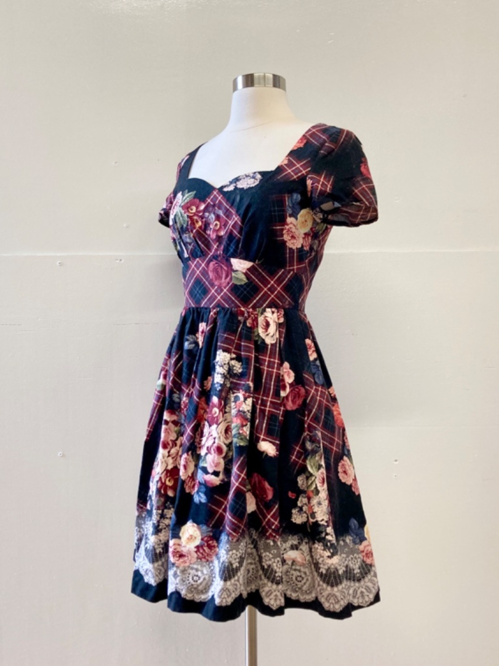 ModCloth Retro A Line Sweetheart Dress Pocket Brown Floral Plaid Country Cottage - Picture 6 of 10